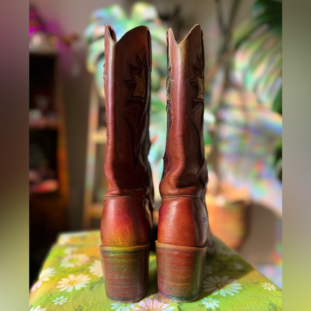Frye Brown Leather Western Heeled Boots with Yellow Stitching - Picture 5 of 10